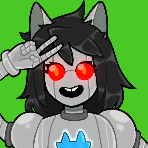 JadeBot throws a peace sign over her head with a wide grin.