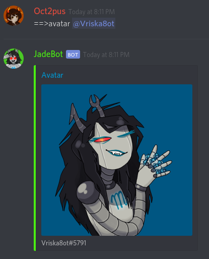 JadeBot displays a picture of her sister, Vriska8ot's avatar.