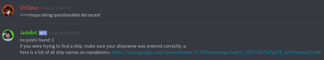 A search for dersecest and rating:questionable. It returns no results despite this being a valid search with results on mspabooru.