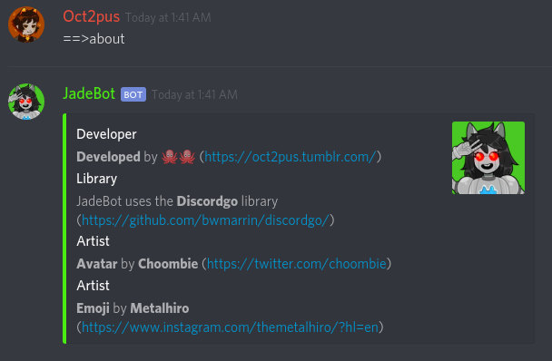 JadeBot helpfully tells you about who developed her and otherwise made her possible.