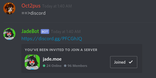 JadeBot invites you to join the jade.moe discord server.