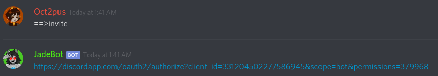 JadeBot displays an invite to invite her to your server. Just like how a vampire must ask before coming inside.