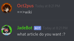 JadeBot reacts in confusion to not having a wiki output.