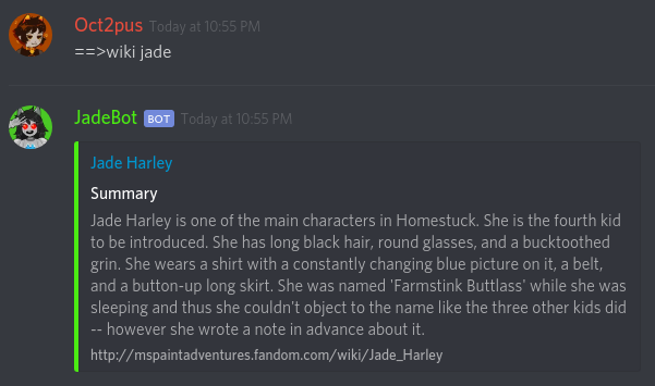 JadeBot returns the article "Jade Harley" after being prompted with "jade".